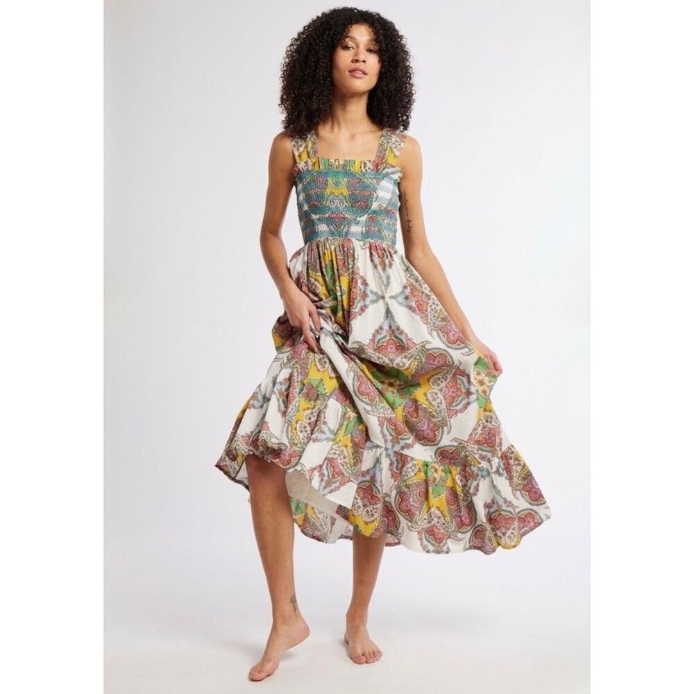 MILLE Garden Kaleidoscope Smocked Maxi Dress Cotton Patchwork Paisley Medium